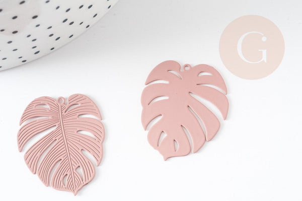 Pendentif estampe filigrane feuille monsterosa laiton rose, Pendentif très fin et léger,32 x 32 mm, x2 (G3698)