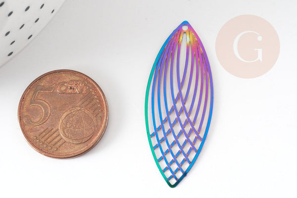 Pendentif estampe filigrane feuille ovale acier arc-en-ciel, Pendentif très fin et léger, 40x16mm, x2 (G4443)