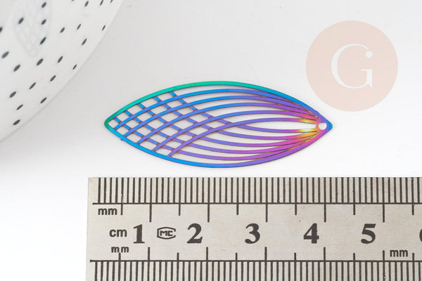 Pendentif estampe filigrane feuille ovale acier arc-en-ciel, Pendentif très fin et léger, 40x16mm, x2 (G4443)