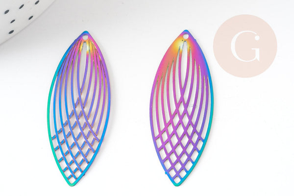 Pendentif estampe filigrane feuille ovale acier arc-en-ciel, Pendentif très fin et léger, 40x16mm, x2 (G4443)