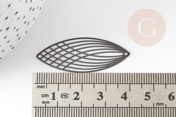 Pendentif estampe filigrane feuille ovale laiton noir 40x16mm, x2 (G3702)