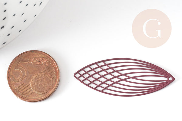 Pendentif estampe filigrane feuille ovale laiton violet, Pendentif très fin et léger, 40x16mm, x2 (G3729)