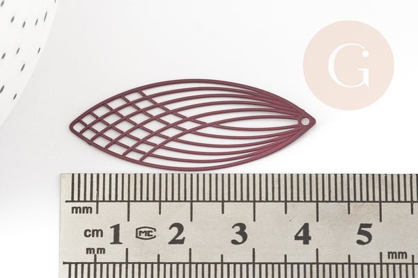 Pendentif estampe filigrane feuille ovale laiton violet, Pendentif très fin et léger, 40x16mm, x2 (G3729)