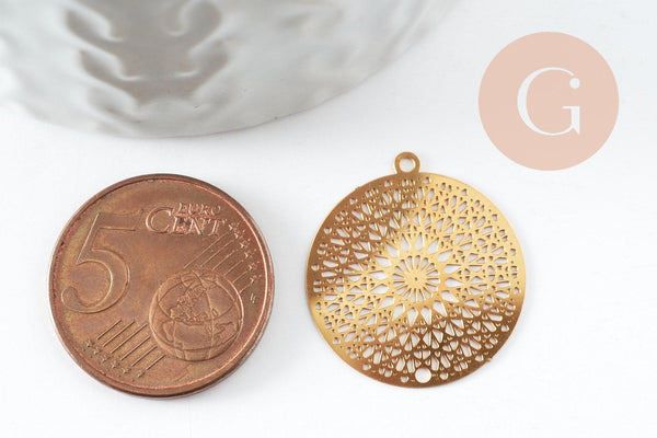 Pendentif estampe filigrane fleur Mandala acier inoxydable 201 doré 18K 20.5mm, x1 (G9422)