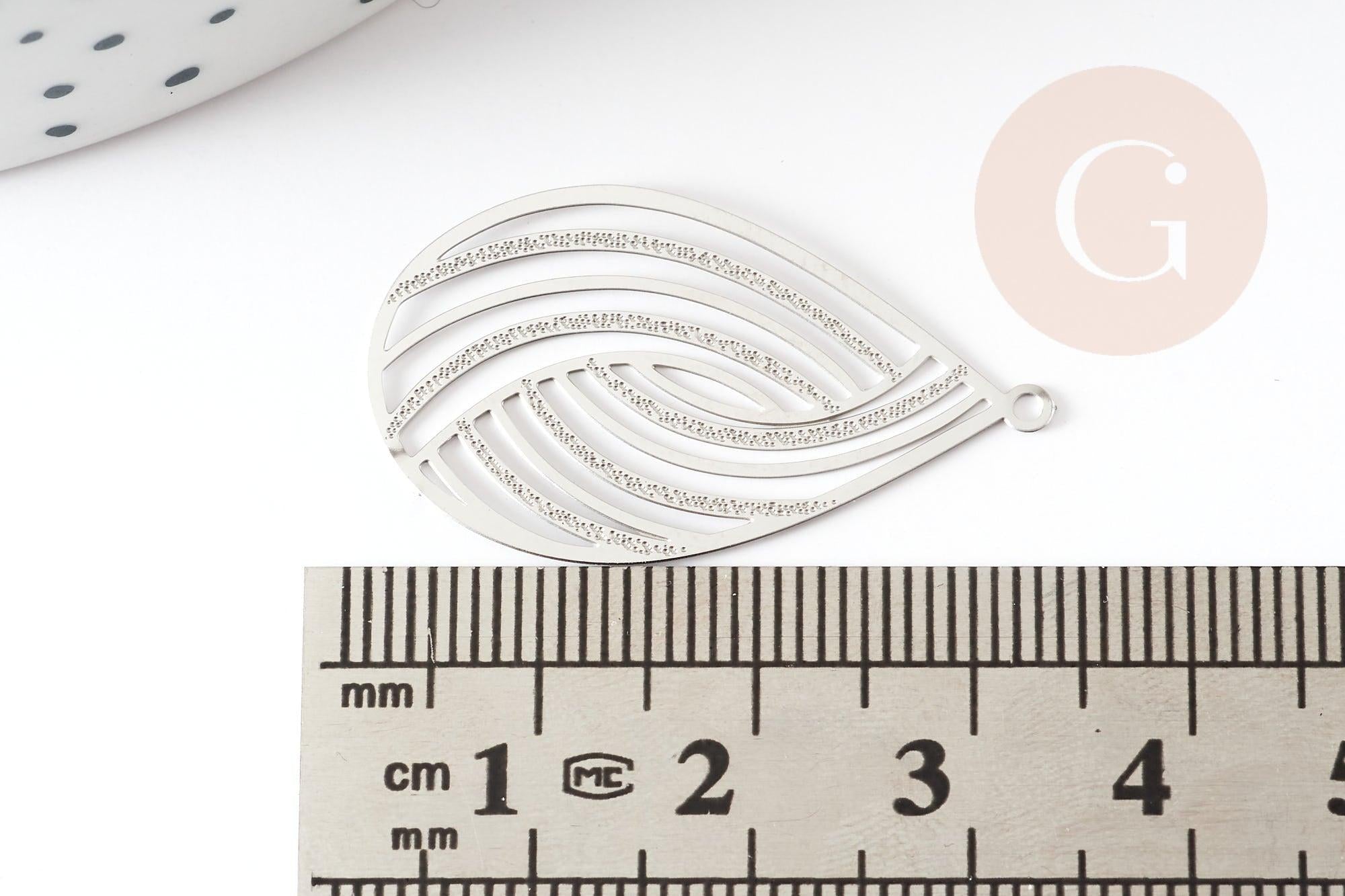 Pendentif estampe filigrane goutte acier inoxydable 304 argent texturé 32x18mm, Pendentif très fin et léger x2 (G4113)