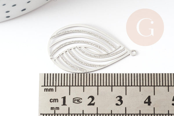 Pendentif estampe filigrane goutte acier inoxydable 304 argent texturé 32x18mm, Pendentif très fin et léger x2 (G4113)