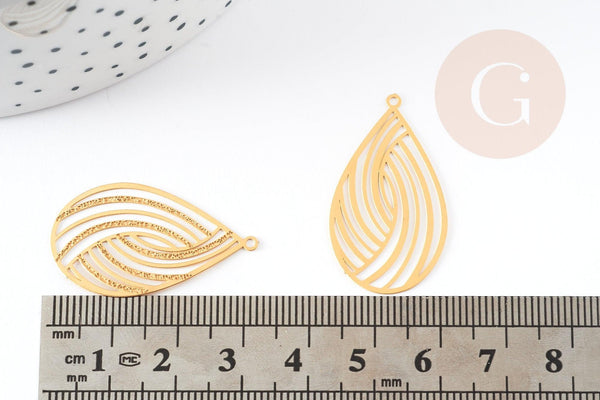 Pendentif estampe filigrane goutte acier inoxydable 304 doré texturé 32x18mm, x2 (G9201)