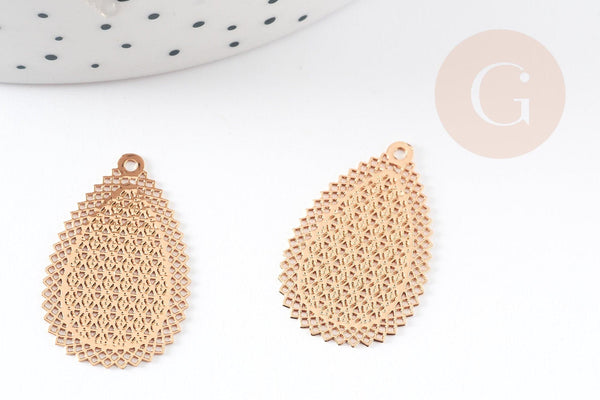 Pendentif estampe filigrane goutte géométrique laiton doré 26mm, Pendentif très fin et léger pour création de bijoux DIY x2 (G9203)