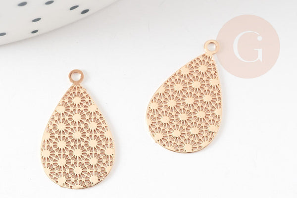 Pendentif estampe filigrane goutte motif géométrique laiton doré 19.5mm, Pendentif très fin et léger pour création de bijoux, x2 (G9279)