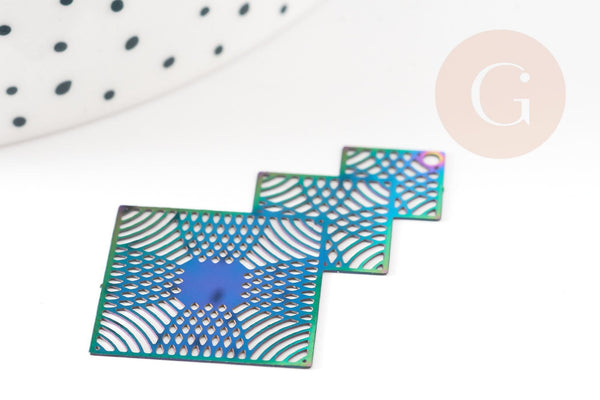 Pendentif estampe filigrane losange acier multicolore, Pendentif très fin et léger pour création,40.5mm,x1 (G5574)