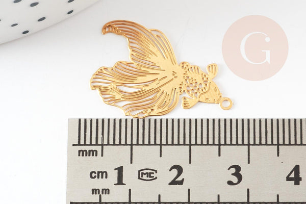 Pendentif estampe filigrane poisson acier 201 inoxydable doré 18K 27mm, x2 (G8793)