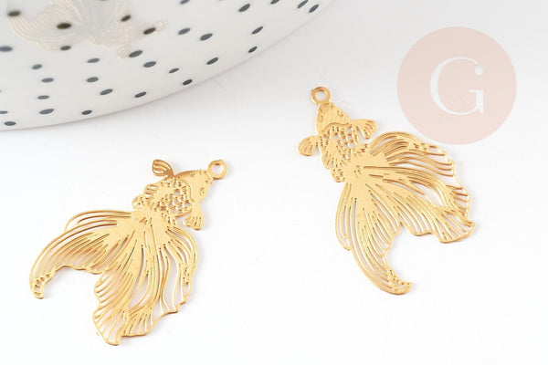 Pendentif estampe filigrane poisson acier 201 inoxydable doré 18K 27mm, x2 (G8793)
