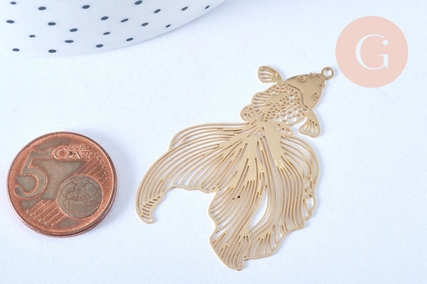 Pendentif estampe filigrane poisson japonais laiton doré clair 49x31mm x2 (G5238)
