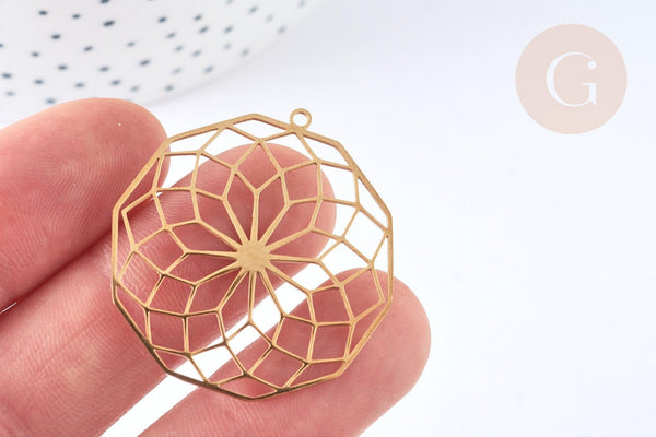 Pendentif estampe filigrane polygone fleur acier inoxydable 201 doré 35.5mm, x1 (G7253)
