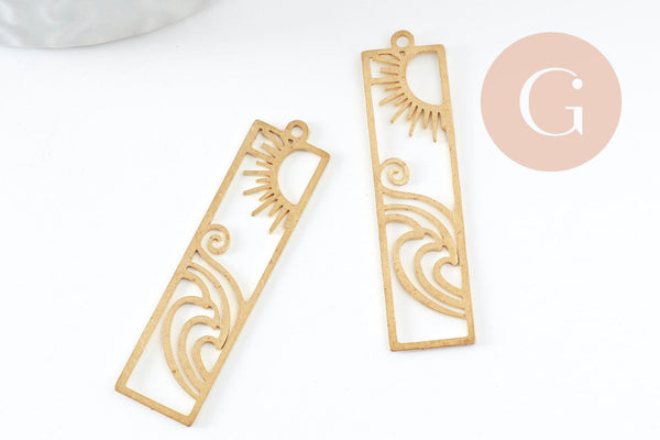 Pendentif estampe filigrane rectangle soleil vague laiton brut 41.5mm, Pendentif très fin et léger pour création de bijoux DIY x1 G9694