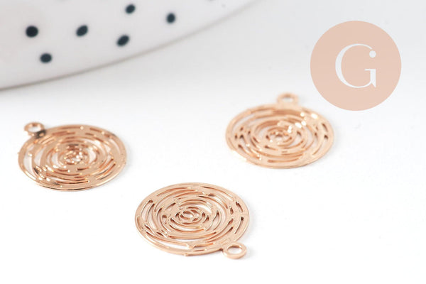 Pendentif estampe filigrane rond Fleur rose laiton doré clair 14.5mm, Pendentif léger pour création bijoux or, x2 (G9291)