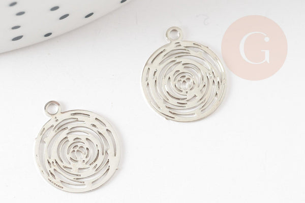 Pendentif estampe filigrane rond Fleur rose laiton platine 14.5mm, x2 (G9305)