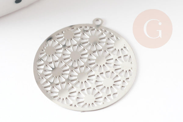Pendentif estampe filigrane rond acier argent, Pendentif très fin et léger, 21.5x20mm ,x2 (G4111)