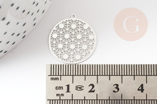 Pendentif estampe filigrane rond acier argent, Pendentif très fin et léger, 21.5x20mm ,x2 (G4111)