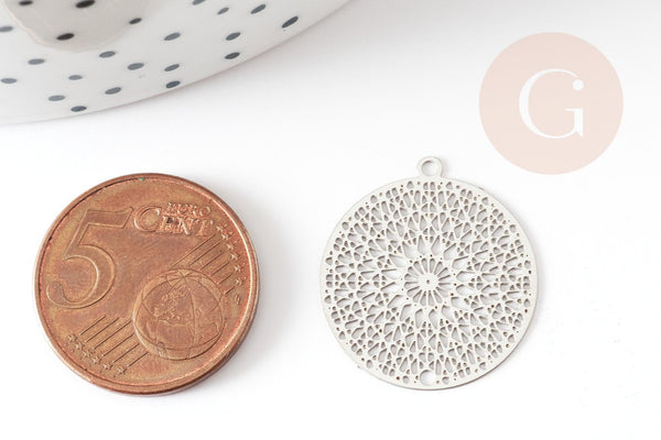 Pendentif estampe filigrane rond acier argent, Pendentif très fin et léger, 22x20mm,x2 (G4910)