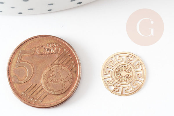 Pendentif estampe filigrane rond aztèque laiton doré, Pendentif très fin et léger, 13mm, x2 (G4456)