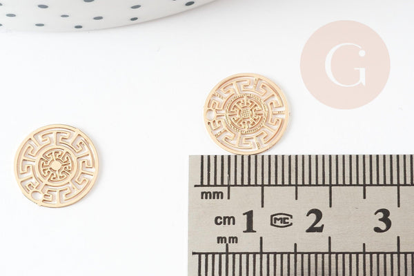 Pendentif estampe filigrane rond aztèque laiton doré, Pendentif très fin et léger, 13mm, x2 (G4456)