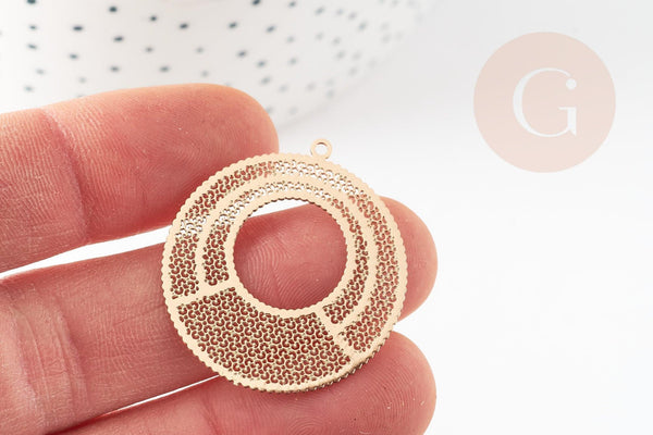 Pendentif estampe filigrane rond dentelle évidé laiton doré 33mm, Pendentif très fin et léger pour création de bijoux, x2 G9277