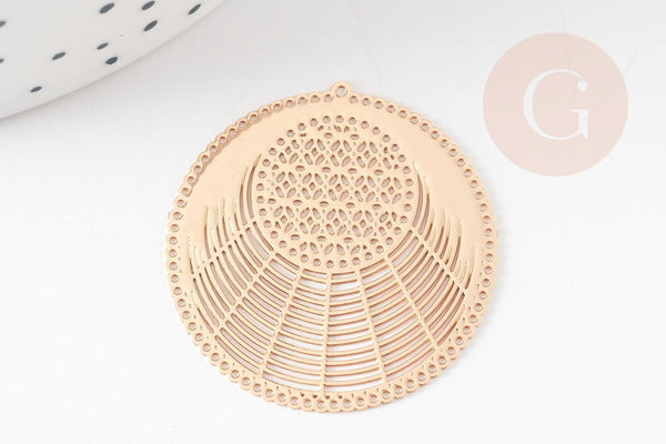 Pendentif estampe filigrane rond dentelle géométrique laiton doré 31mm, Pendentif très fin et léger pour création de bijoux, x2 G9278