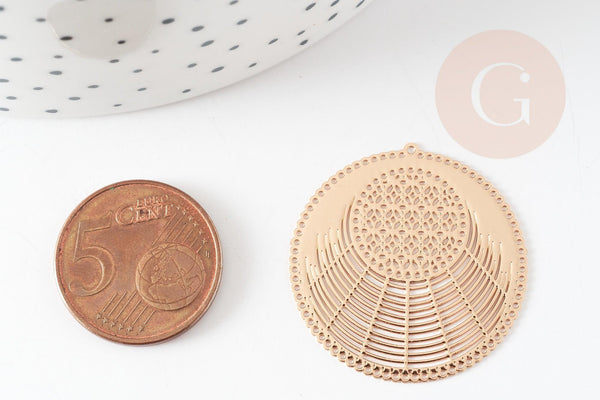 Pendentif estampe filigrane rond dentelle géométrique laiton doré 31mm, Pendentif très fin et léger pour création de bijoux, x2 G9278