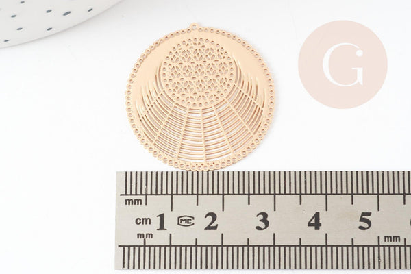 Pendentif estampe filigrane rond dentelle géométrique laiton doré 31mm, Pendentif très fin et léger pour création de bijoux, x2 G9278