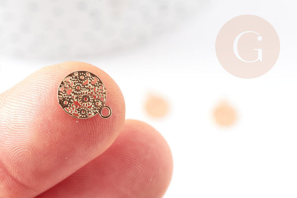 Pendentif estampe filigrane rond dentelle laiton doré 10mm, Pendentif très fin et léger pour création de bijoux DIY x2 (G9204)