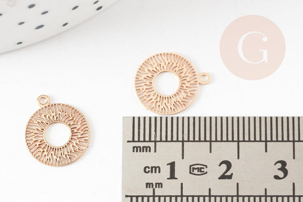 Pendentif estampe filigrane rond évidé motif géométrique laiton doré clair 14mm, Pendentif léger création bijoux or, x2 (G9294)