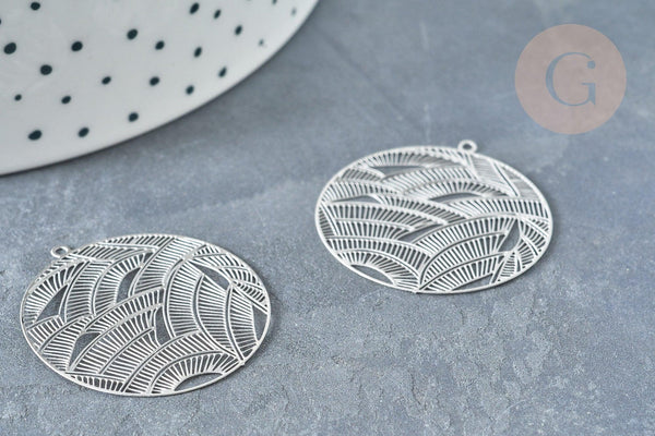 Pendentif estampe filigrane rond feuille acier 201 inoxydable argenté 31.5mm, Pendentif très fin et léger, x 2 (G8261)
