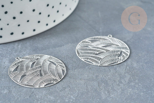 Pendentif estampe filigrane rond feuille acier 201 inoxydable argenté 31.5mm, Pendentif très fin et léger, x 2 (G8261)