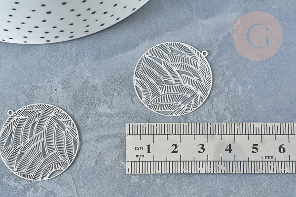 Pendentif estampe filigrane rond feuille acier 201 inoxydable argenté 31.5mm, Pendentif très fin et léger, x 2 (G8261)
