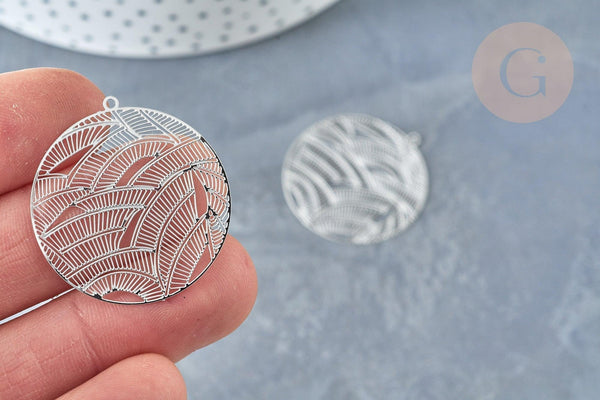 Pendentif estampe filigrane rond feuille acier 201 inoxydable argenté 31.5mm, Pendentif très fin et léger, x 2 (G8261)