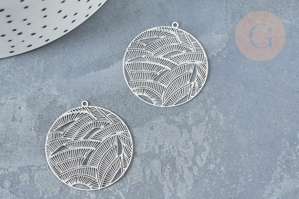 Pendentif estampe filigrane rond feuille acier 201 inoxydable argenté 31.5mm, Pendentif très fin et léger, x 2 (G8261)