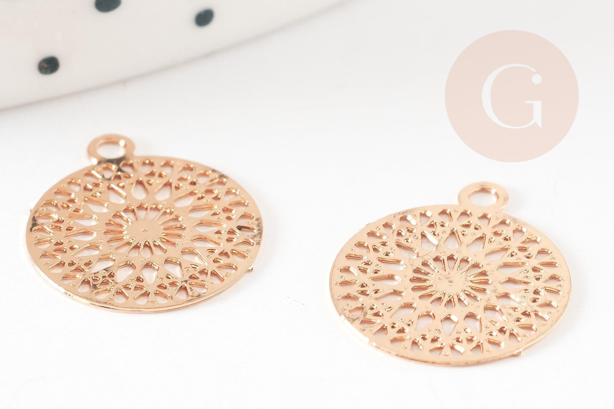Pendentif estampe filigrane rond fleur dentelle laiton doré clair 14mm, x2 (G9290)
