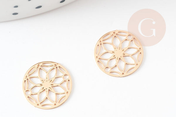 Pendentif estampe filigrane rond fleur laiton doré 13mm, Pendentif très fin et léger, x2 (G4599)