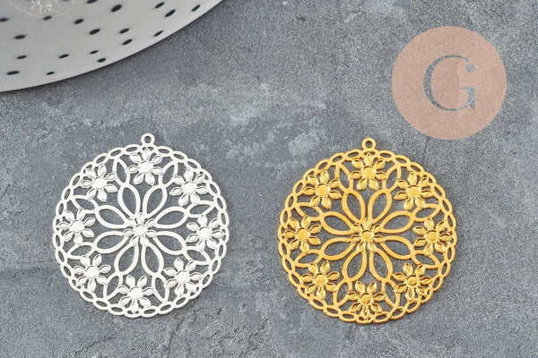 Pendentif estampe filigrane rond fleur laiton doré ou argenté 28mm, Pendentif très fin et léger pour création de bijoux, x2 (G9505)