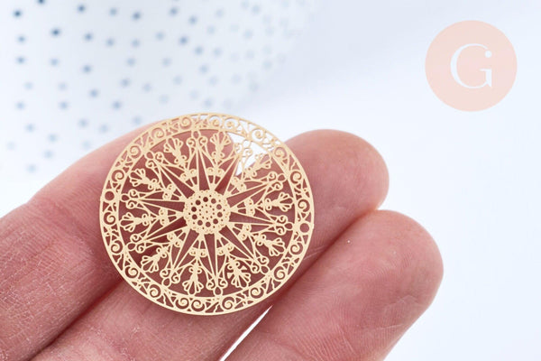 Pendentif estampe filigrane rond flocon de neige laiton doré, Pendentif très fin et léger, 20mm,x2 G5501