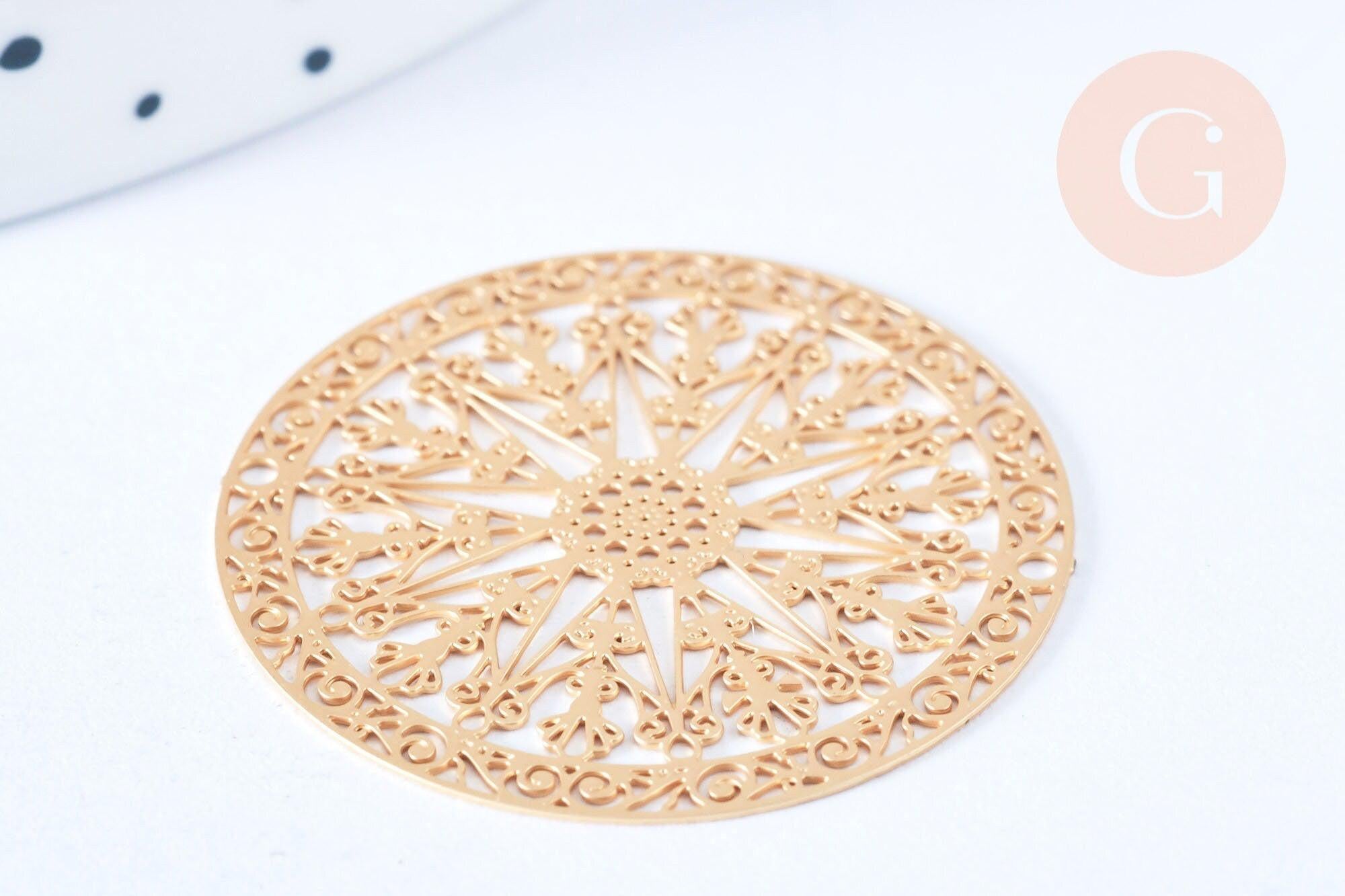 Pendentif estampe filigrane rond flocon de neige laiton doré, Pendentif très fin et léger, 20mm,x2 G5501