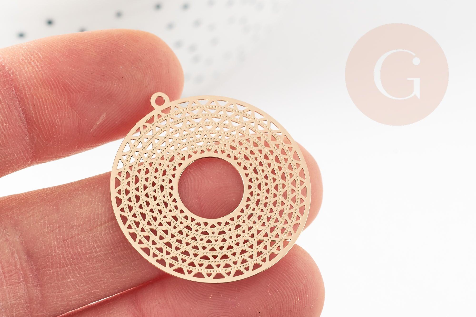 Pendentif estampe filigrane rond géométrique évidé laiton doré 32.5mm, Pendentif très fin et léger pour création de bijoux, x2 G9274