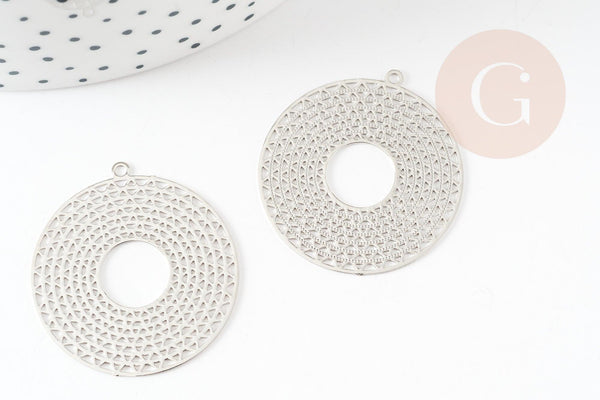 Pendentif estampe filigrane rond géométrique évidé laiton platine 32.5mm, Pendentif très fin pour création de bijoux argent, x2 (G9292)