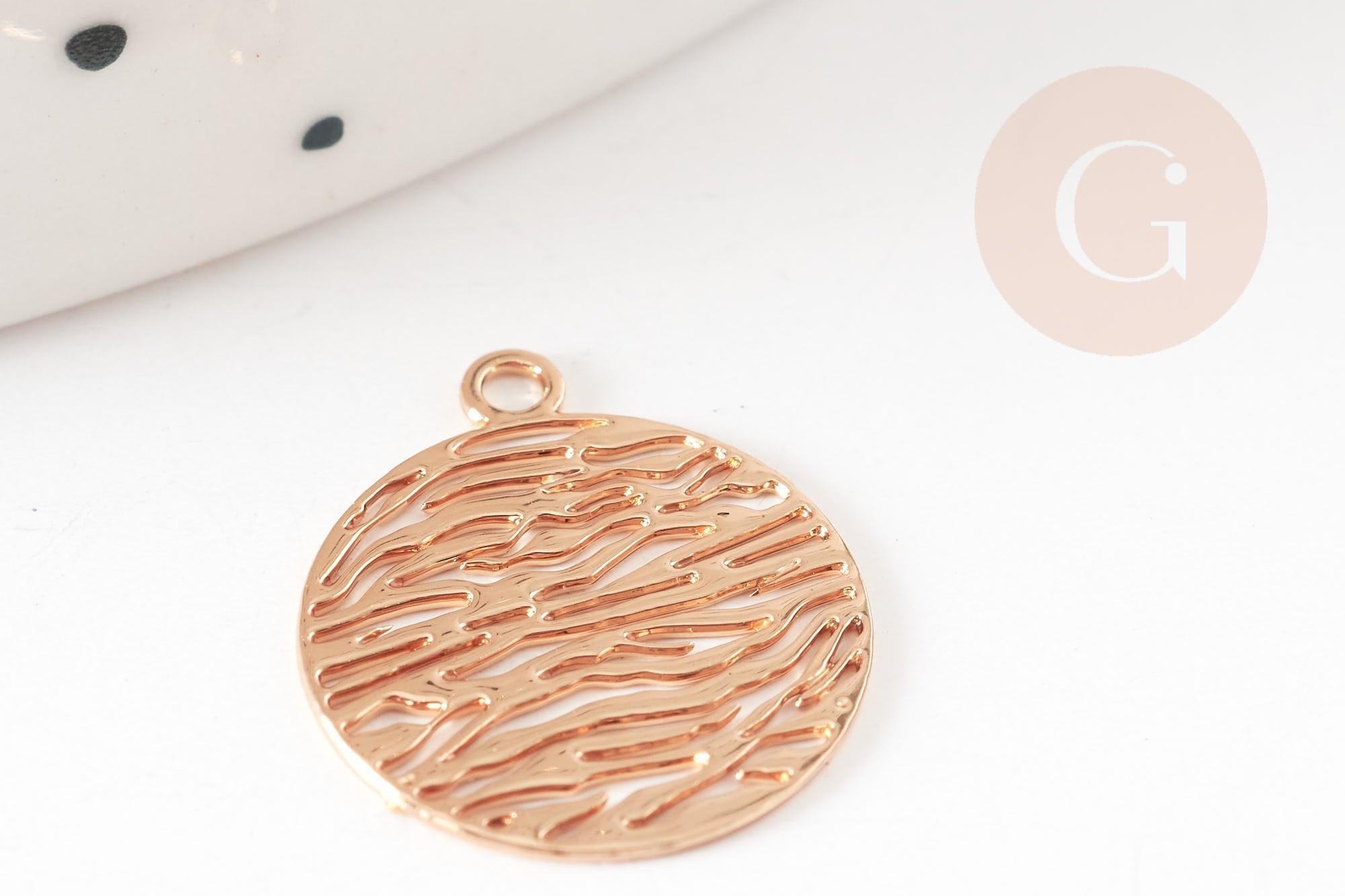 Pendentif estampe filigrane rond motif vagues laiton doré clair 14mm, Pendentif léger pour création bijoux or, x2 (G9293)