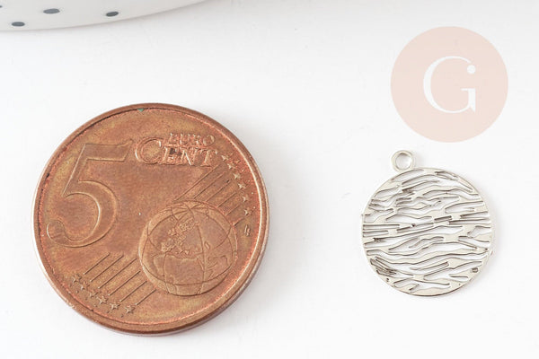 Pendentif estampe filigrane rond motif vagues laiton platine 14mm, Pendentif léger pour création bijoux argent, x2 (G9298)