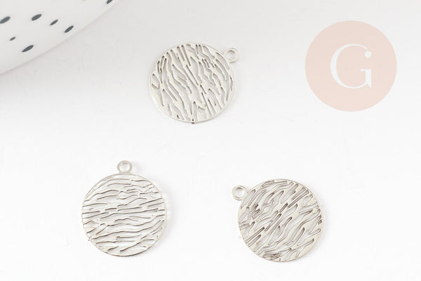 Pendentif estampe filigrane rond motif vagues laiton platine 14mm, Pendentif léger pour création bijoux argent, x2 (G9298)