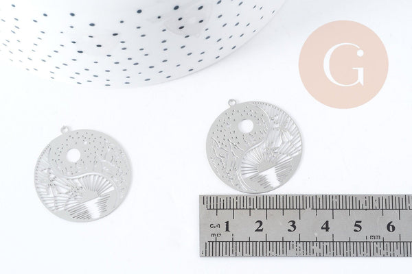 Pendentif estampe filigrane rond paysage acier 201 inoxydable argenté 32mm, Pendentif très fin et léger x1, (G8937)