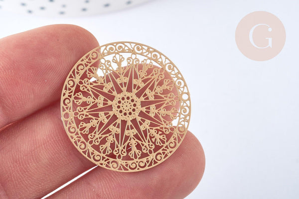 Pendentif estampe filigrane rond rosace laiton doré 30mm, Pendentif léger, x2 G7249