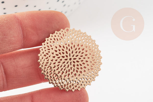 Pendentif estampe filigrane rond rosace laiton doré 32mm, Pendentif léger, x2 G9273